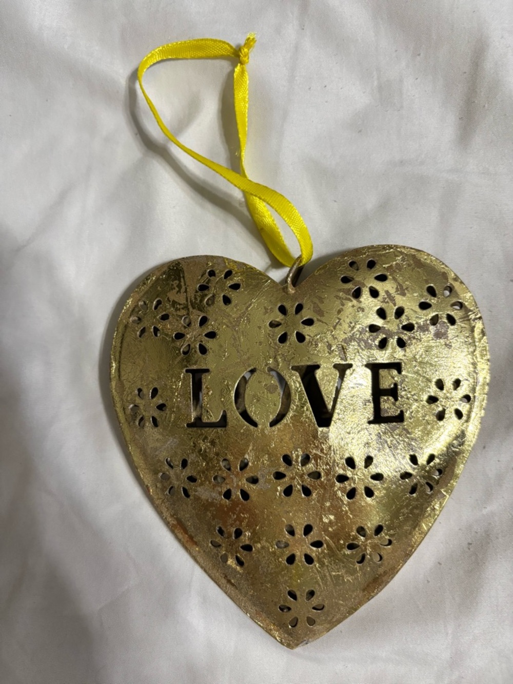Gold Heart LOVE Hanging Ornament with Yellow Ribbon